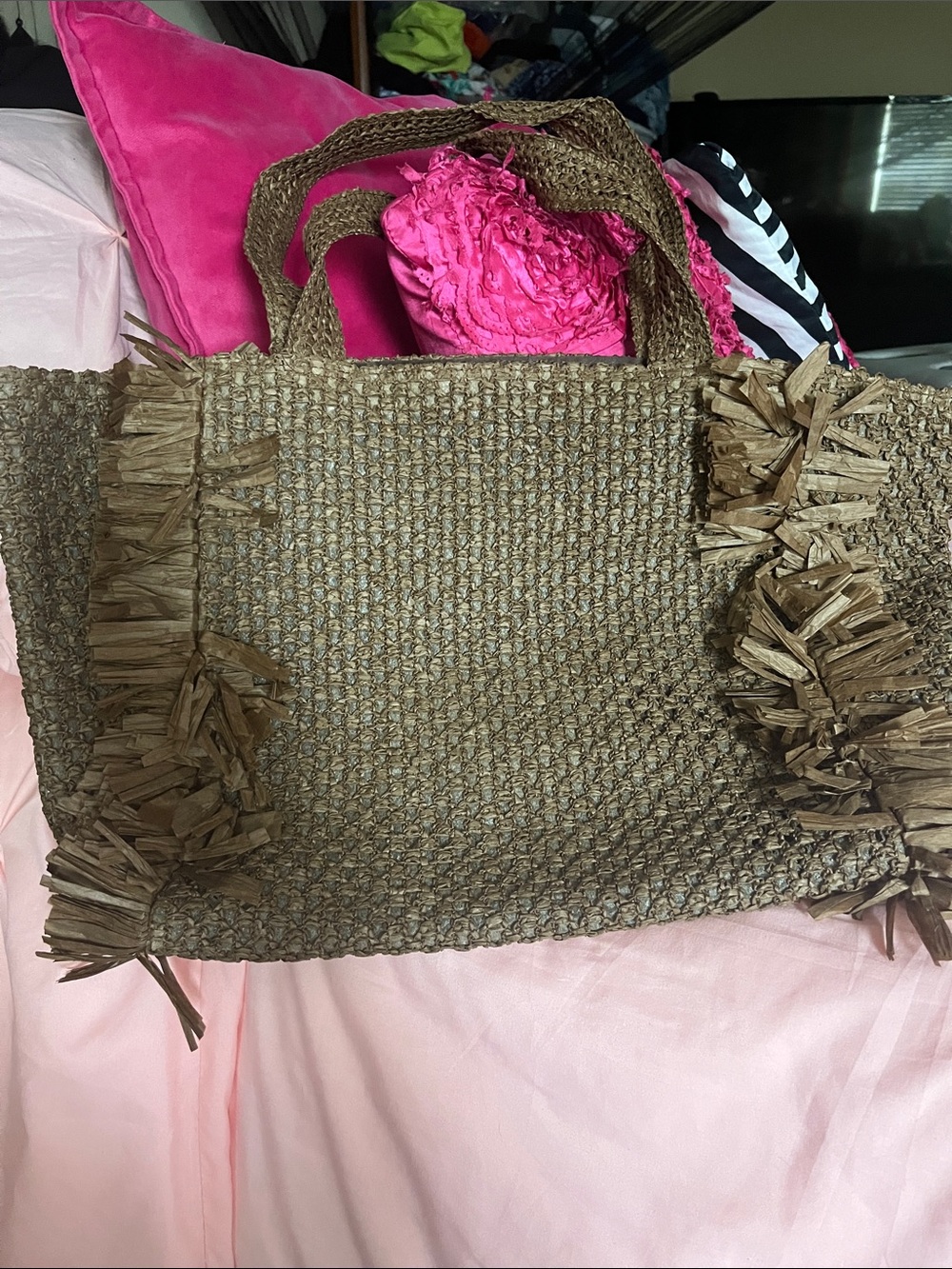 Woven Fringe Tote Bag in Brown